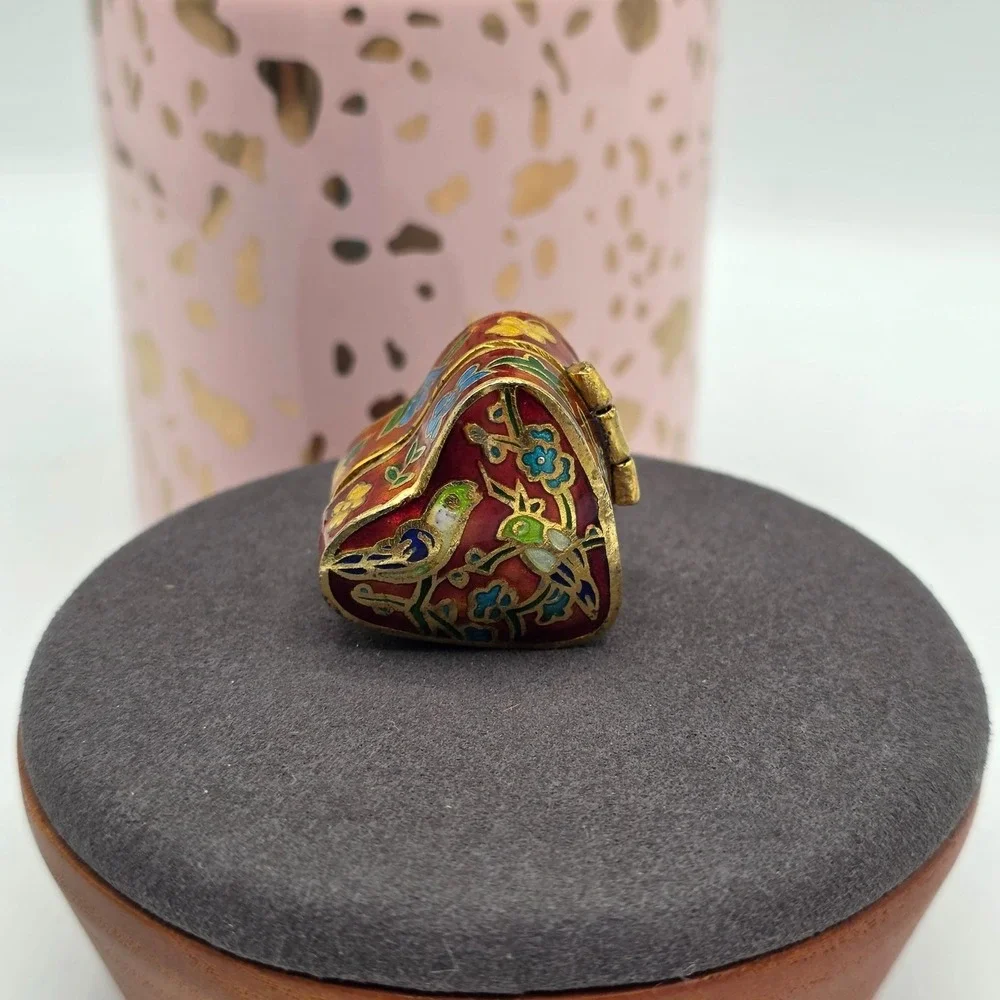 Heart Shape‎ Cloisonne Trinket Pill Box Red Blue Bird Floral Enamel Gold Trim